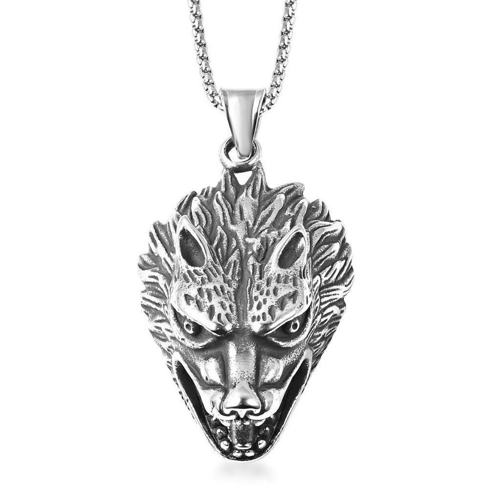 Wolf Head Pendant Necklace 24 Inch